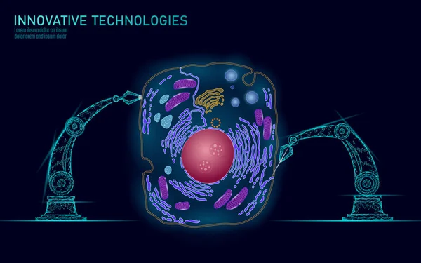 Synthèse cellulaire artificielle thérapie génique ADN chimique 3D. Concept de recherche en génie biochimique des cellules animales. Biorobot robotique bras industrie vectoriel illustration future technologie d'entreprise — Image vectorielle