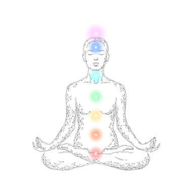 Yoga pratik lotus pozisyonu düşük poli siluet kadında. Poligonal yoga gevşeme egzersiz sağlık sınıfı. Beyaz gri çakra rengi gösteriyor. Budizm ezoterik Kundalini enerji vektör çizim