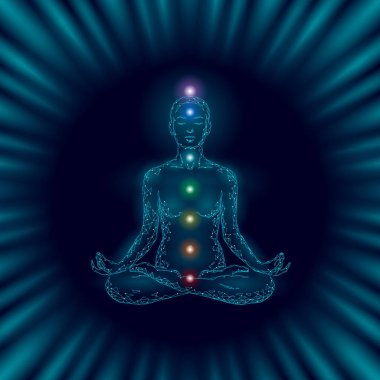 Yoga pratik lotus pozisyonu düşük poli siluet kadında. Poligonal yoga gevşeme egzersiz sağlık sınıfı. Koyu mavi gece çakra işaret eder. Budizm ezoterik Kundalini enerji vektör çizim