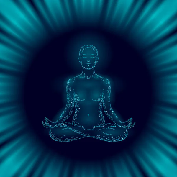 Práctica de yoga mujer en posición de loto baja silueta de polietileno. Clase de bienestar de ejercicio de relajación de yoga poligonal. Trance de espacio nocturno azul oscuro. budismo esotérico Kundalini energía vector ilustración — Archivo Imágenes Vectoriales