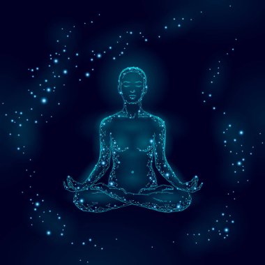 Yoga pratik lotus pozisyonu düşük poli siluet kadında. Poligonal yoga gevşeme egzersiz sağlık sınıfı. Koyu mavi gece çakra işaret eder. Budizm ezoterik Kundalini enerji vektör çizim
