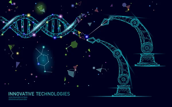 DNA 3D δομή επεξεργασία έννοια της ιατρικής. Χαμηλό πολυγωνικό τρίγωνο γονιδιακή θεραπεία θεραπεία θεραπεία γενετική ασθένεια. GMO μηχανική CRISPR Cas9 καινοτομία σύγχρονη τεχνολογία επιστήμη πανό διάνυσμα εικονογράφηση — Διανυσματικό Αρχείο