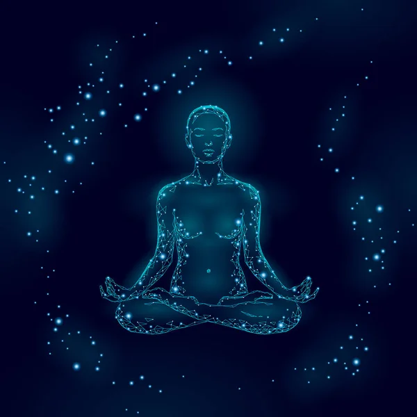 Yoga pratica donna in posizione loto bassa silhouette poli. Yoga poligonale relax esercizio classe benessere.blu scuro notte chakra punti. Buddismo esoterico Kundalini energia vettoriale illustrazione — Vettoriale Stock
