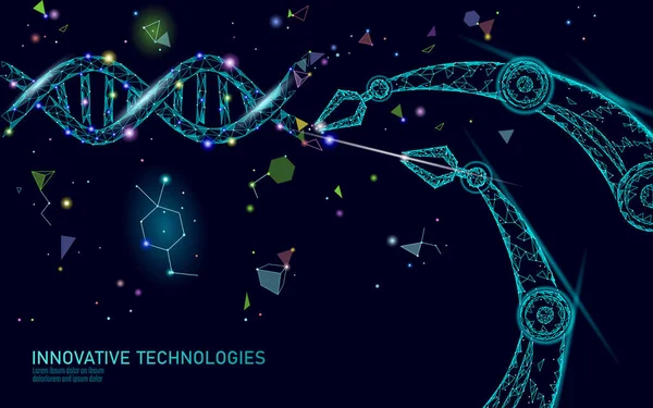 Struktura DNA 3D edycja koncepcji medycyny. Niski poli wielokątna terapia genowa trójkąta leczyć choroby genetyczne. Inżynieria GMO CRISPR Cas9 innowacja nowoczesna technologia nauka baner wektor ilustracja — Wektor stockowy