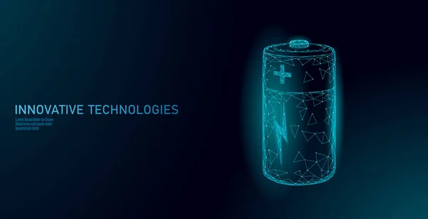 Voll aufgeladene polygonale Alkaline-Batterie. Energiespeicherung elektrische wiederaufladbare Versorgung. blau glühend niedrig Poly Polygon Partikel Raum dunkel Himmel Industrie Technologie Konzept Vektor Illustration — Stockvektor