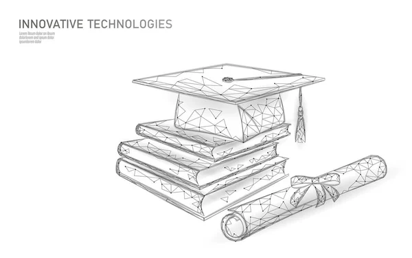 E-öğrenme uzak lisansüstü sertifika programı kavramı. Düşük poli 3d render mezuniyet kapağı, kitaplar, diploma poligonal modern tasarım afiş şablon. Internet eğitim sahası derecesi vektör çizim — Stok Vektör