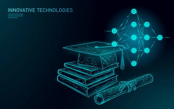 Machine learning 3D conceito de negócio de baixa tecnologia poli. Treinamento de rede neural inteligência artificial. Graduação cap, livros, diploma poligonal design moderno banner modelo vetor ilustração —  Vetores de Stock