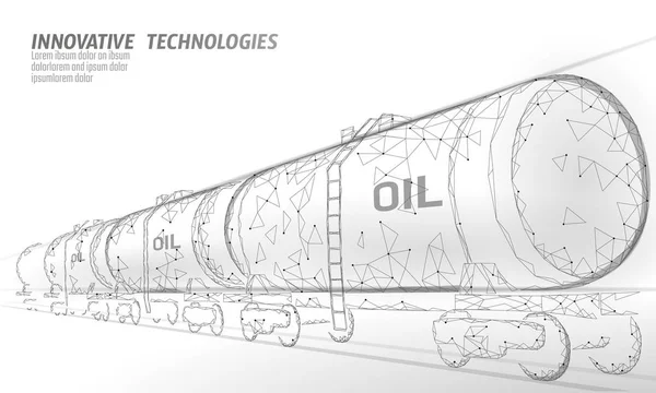 Aceite cisterna ferroviaria 3D renderizar poli baja. Combustible petróleo industria financiera tanque diesel. Cilindro ferrocarril vagón tren gasolina logística económico negocio poligonal línea vector ilustración — Archivo Imágenes Vectoriales