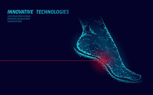 Pies humanos dedo del pie 3D baja poli rendir. Poligonal azul médico área dolorosa atención médica. Medicina cartel triángulo punto línea pierna mujer anatómica pie vector ilustración — Archivo Imágenes Vectoriales