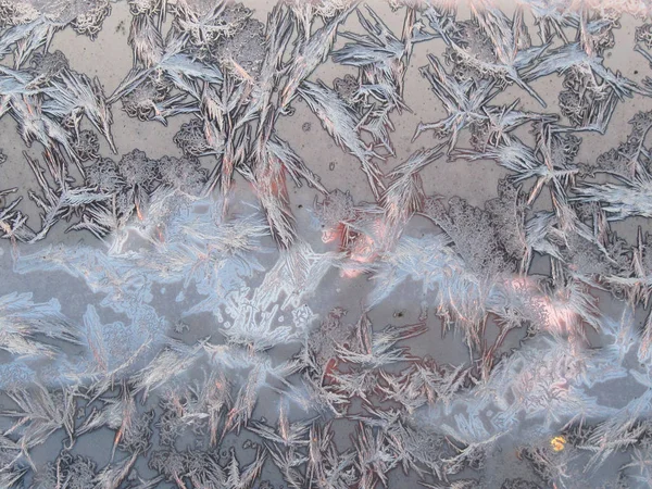 鸟形状冰霜水晶形成在窗口玻璃上。霜图案在早晨浅粉红色阳光明媚的天空背景。宏观特写镜头. — 图库照片