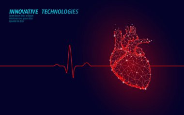 Sağlıklı insan kalbi 3D tıp modeli düşük polimerden atıyor. Üçgen bağlantılı noktalar parlama noktası kırmızı arkaplan. Pulse iç vücut modern anatomik şekil yenilikçi teknoloji çizim vektörü illüstrasyonu