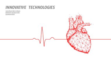 Sağlıklı insan kalbi 3D tıp modeli düşük polimerden atıyor. Üçgen bağlantılı noktalar parlama noktası kırmızı arkaplan. Pulse iç vücut modern anatomik şekil yenilikçi teknoloji çizim vektörü illüstrasyonu