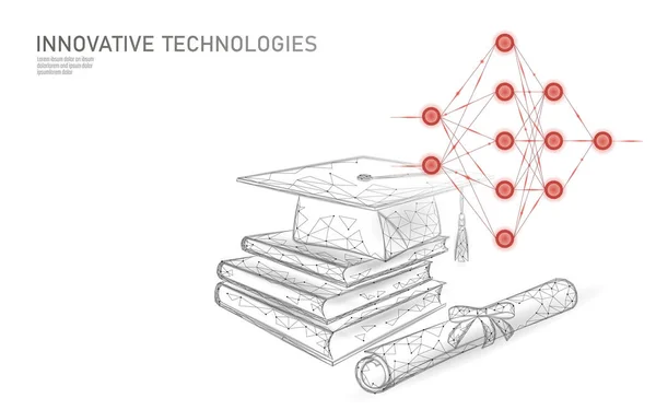 A gép 3d alacsony poly technológia üzleti koncepció a tanulás. Neurális hálózat képzési mesterséges intelligencia. Kalappal, könyvet, oklevelet sokszögű modern design banner sablon vektoros illusztráció — Stock Vector