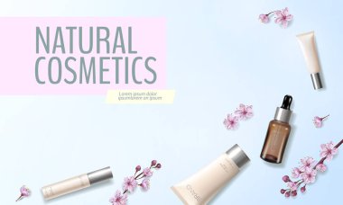 Kiraz çiçeği organik kozmetik reklam şablonunun. Cilt Bakımı özü vitamini krem pembe çiçek 3d gerçekçi detaylı mockup bahar. Sakura açık mavi renkli düz gümüş vektör çizim yatıyordu