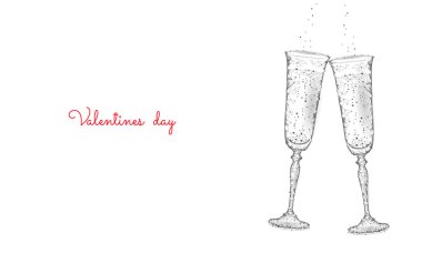 Two glasses of champagne with sparkles. Low poly polygonal white 3D toasting romantic love date. Heart shape tender dating chin-chin couple Valentine day vector illustration clipart