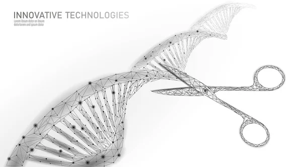 DNA 3D δομή επεξεργασία έννοια της ιατρικής. Χαμηλό πολυγωνικό τρίγωνο γονιδιακή θεραπεία θεραπεία θεραπεία γενετική ασθένεια. GMO μηχανική CRISPR Cas9 καινοτομία σύγχρονη τεχνολογία επιστήμη πανό διάνυσμα εικονογράφηση — Διανυσματικό Αρχείο