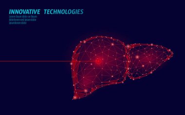 İnsan karaciğer lazer cerrahi işlemi düşük poli. Tıp hastalık ilaç tedavisi ağrılı alanı. Kırmızı üçgen poligon 3d şekil işlemek. Eczane hepatit kanser şablon vektör çizim