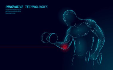 Dumbbell dirsek yaralanma ile eğitim dostum. Kırmızı acı alan poligonal spor hekimliği soyut kavram. Güçlü bodybuilding acı fitness sorun zarar. Sağlık sporcu vektör çizim