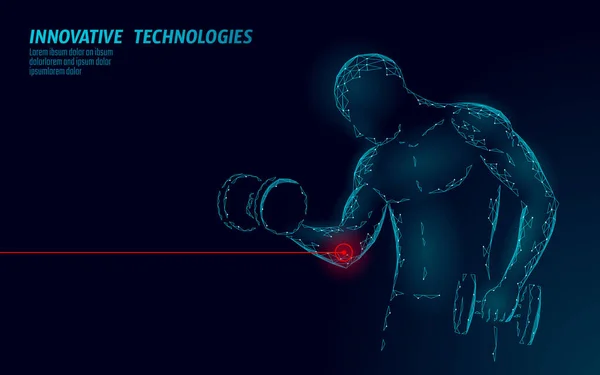 Treino de homem com lesão no cotovelo. Área dolorosa vermelha medicina esportiva poligonal conceito abstrato. Forte musculação machucar problema de aptidão dor. Ilustração do vetor do desportista de saúde —  Vetores de Stock