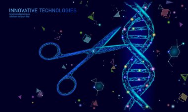 DNA 3D yapı düzenleme tıp konsepti. Düşük poligonal üçgen gen gen terapisi genetik hastalığı tedavi eder. GDO mühendisliği CRISPR Cas9 yenilik modern teknoloji bilim sancak çizimi illüstrasyonu