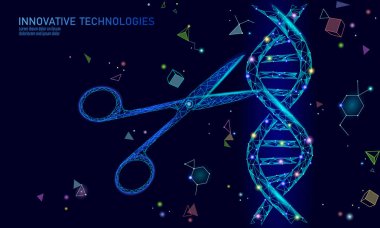 DNA 3D structure editing medicine concept. Low poly polygonal triangle gene therapy cure genetic disease. GMO engineering CRISPR Cas9 innovation modern technology science banner vector illustration clipart