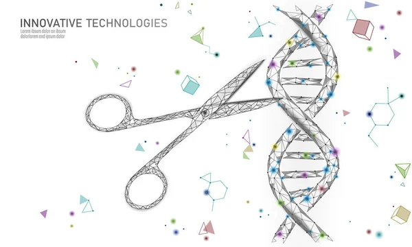 ADN Estructura 3D edición de concepto de medicina. La terapia génica de triángulo poligonal bajo poligonal cura la enfermedad genética. Ingeniería OMG CRISPR Cas9 innovación tecnología moderna banner vector ilustración — Vector de stock