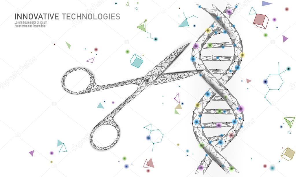 DNA 3D structure editing medicine concept. Low poly polygonal triangle gene therapy cure genetic disease. GMO engineering CRISPR Cas9 innovation modern technology science banner vector illustration