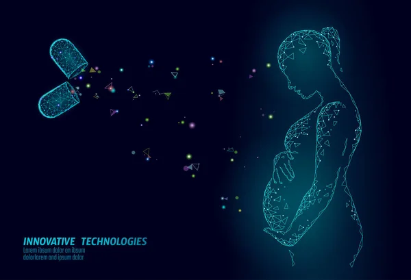 Διαιτητικό συμπλήρωμα βιταμινών εγκυμοσύνης κάψουλα. Γυναικολογική υγεία φάρμακο ιατρική επιστήμη χημεία καινοτομία τεχνολογία πολυγωνικού 3d καθιστούν. Γυναίκα κοιλιά σιλουέτα διανυσματικά εικονογράφηση — Διανυσματικό Αρχείο