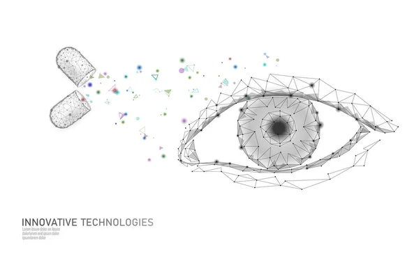 Συμπλήρωμα διατροφής κάψουλα βιταμίνης όρασης. Οφθαλμική καθαρή υγειονομική περίθαλψη φάρμακο ιατρική επιστήμη χημεία καινοτομία τεχνολογία πολυγωνικό 3D καθιστούν. Γυναίκα μάτι απομονωμένη εικονογράφηση διάνυσμα πρότυπο banner — Διανυσματικό Αρχείο