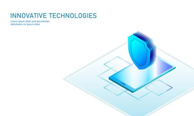 İzometrik Internet güvenlik kalkan iş kavramı. Mavi parlak izometrik kişisel bilgi veri bağlantı pc smartphone geleceğin teknolojisi. 3D Infographic vektör çizim sanat