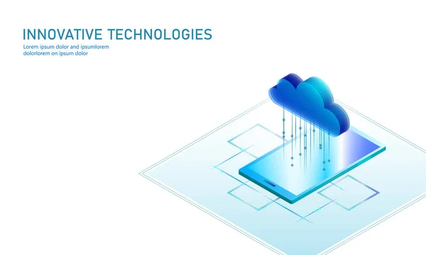 Cloud computing online storage smartphone isometrico. Big data information future moderne tecnologie di business internet. Illustrazione vettoriale di sfondo disponibile sullo scambio di file globale incandescente blu — Vettoriale Stock