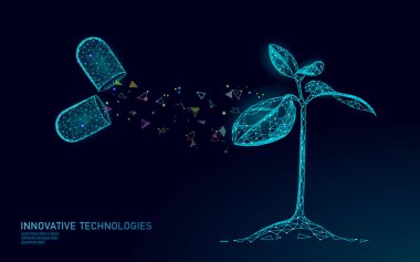 Bitki filizi biyoteknoloji soyut konsepti. 3 boyutlu fide ağacı DNA genom mühendisliği vitamin takviyesi bırakır. Tıp bilimi eko çokgen üçgenleri düşük poli vektör çizimi
