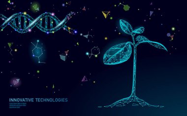 Bitki filizi biyoteknoloji soyut konsepti. 3 boyutlu fide ağacı DNA genom mühendisliği vitamin takviyesi bırakır. Tıp bilimi eko çokgen üçgenleri düşük poli vektör çizimi