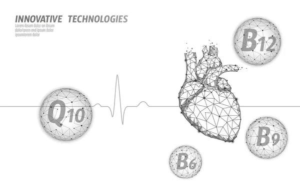 Corazón sano late 3d modelo de medicina baja poli. Triángulo puntos conectados brillan punto fondo rojo. Suplemento vitamínico Q10 B12 moderna tecnología innovadora renderizar ilustración vectorial — Archivo Imágenes Vectoriales