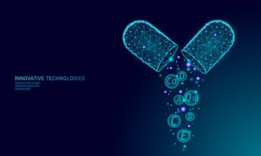 Multi vitamin kompleksi düşük poli kapsül. Sağlık cilt bakımı vücut geliştirme anti-aging eczane afiş şablonu ek. 3D koenzim Q10, A, B, C, D. tıp bilim vektör çizim