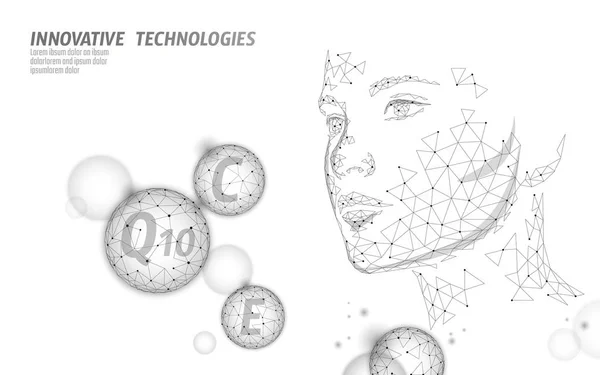 Gezonde huid vitamine complex lage poly bol zeepbel. Gezondheid supplement vrouwelijke gezicht anti-veroudert schoonheid cosmetica sjabloon voor spandoek. 3D coenzym Q10, C, E. geneeskunde wetenschap vectorillustratie — Stockvector