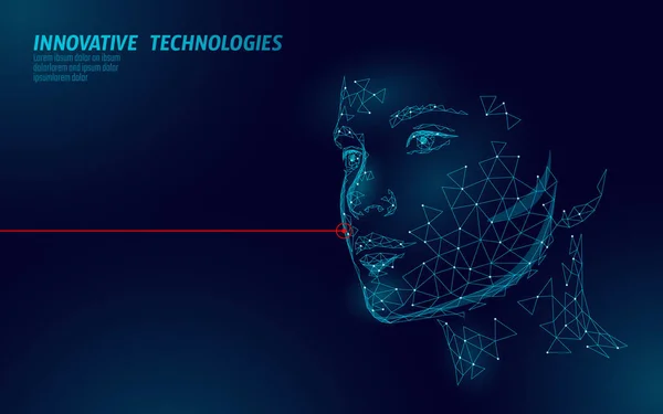 Faible poly visage humain féminin traitement de la peau au laser. Procédure de rajeunissement soins de salon de beauté. Clinique médecine cosmétologie innovation technologie. Illustration vectorielle de rendu polygonale 3D — Image vectorielle