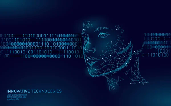 Identificação biométrica do rosto humano feminino poli baixo. Conceito de sistema de reconhecimento. Dados pessoais tecnologia de inovação de digitalização de acesso seguro. Ilustração do vetor de renderização poligonal 3D —  Vetores de Stock