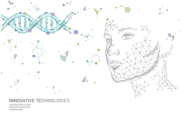 Καλλυντικών essence θεραπεια μόριο DNA 3d. Χαμηλή poly γυναικείο πρόσωπο πολυγωνικό ιατρική ομορφιά φροντίδα. Ιατρική γονίδιο έλικα δομή αντιγηραντικός ορός βιταμίνης εικονογράφηση φορέα — Διανυσματικό Αρχείο