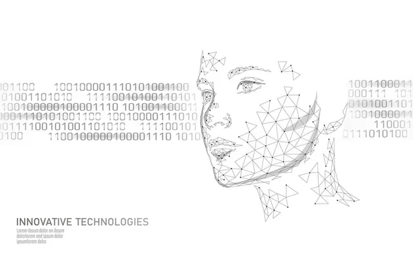 Identificazione biometrica del volto umano femminile a basso poli. Concetto di sistema di riconoscimento. Dati personali accesso sicuro tecnologia di scansione innovazione. Illustrazione vettoriale di rendering poligonale 3D — Vettoriale Stock