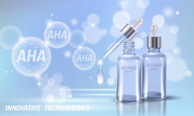 Meyve asit güzellik salonu peeling. Cam şişe damlacık pipet Aha glikolik laktik asit EXFOLIANT anti-aging gençleştirme serum. Tıbbi cilt tedavi düşük poli poligonal vektör çizim