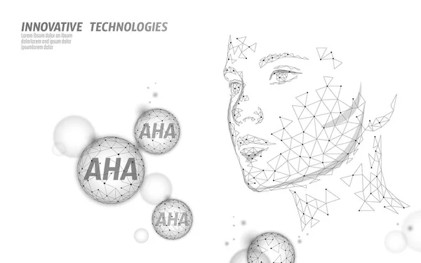 Pelado de salón de belleza de ácido frutal. Hembra cara AHA glicólico ácidos lácticos exfoliante anti-envejecimiento rejuvenecimiento facial suero. Salud médica tratamiento de la piel baja poli esfera poligonal vector ilustración — Vector de stock