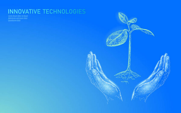 Руки холдинга заросли экологической абстрактной концепцией. 3D визуализация саженцев листьев деревьев. Сохранить планету окружающей среды растут жизни эко-полигонов треугольников низкий поли векторной иллюстрации
