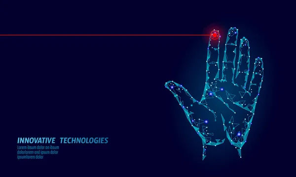 Baja seguridad cibernética de escaneo de mano de poli. Identificación personal huella dactilar código de identificación. Acceso a datos de seguridad de información. Internet red futurista tecnología biométrica verificación de identidad vector — Archivo Imágenes Vectoriales