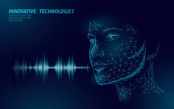 Virtuális asszisztens hang felismerés technológia üzleti koncepció. AI mesterséges intelligencia robot segít munkát támogatja. Chatbot gyönyörű női arc alacsony poly program vektoros illusztráció Stock Illusztrációk