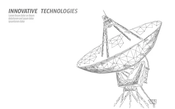 Concepto de tecnología abstracta de defensa espacial antena radar poligonal. El escaneo detecta la maniobra de peligro militar de malla de alambre guerra 3D. Arma satelital apuntando ilustración vector — Vector de stock