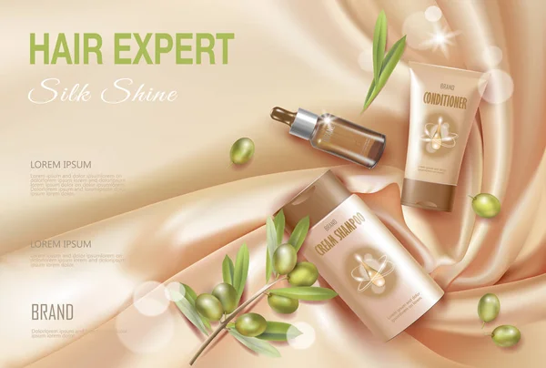 Realistische biologische olijfolie haar cosmetica advertentie. Natuurlijke essentie shampoo conditioner boerderij plant groene olijf uitpakken. Flat lag zijde stof 3d vectorillustratie — Stockvector