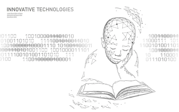 Makine öğrenme 3d düşük poli teknoloji iş kavramı. Neural ağ yapay zeka cyborg çocuk çocuk şekli. Poligonal eğitim veri sistemi Analitik incelemesi illüstrasyon vektör — Stok Vektör