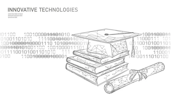 A gép 3d alacsony poly technológia üzleti koncepció a tanulás. Neurális hálózat képzési mesterséges intelligencia. Kalappal, könyvet, oklevelet sokszögű modern design banner sablon vektoros illusztráció — Stock Vector