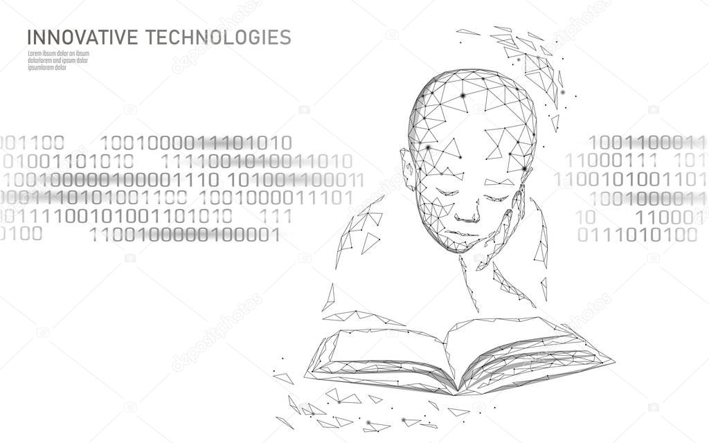 Machine learning 3D low poly technology business concept. Neural network artificial intelligence cyborg child boy shape. Polygonal training data mining system analytics vector illustration